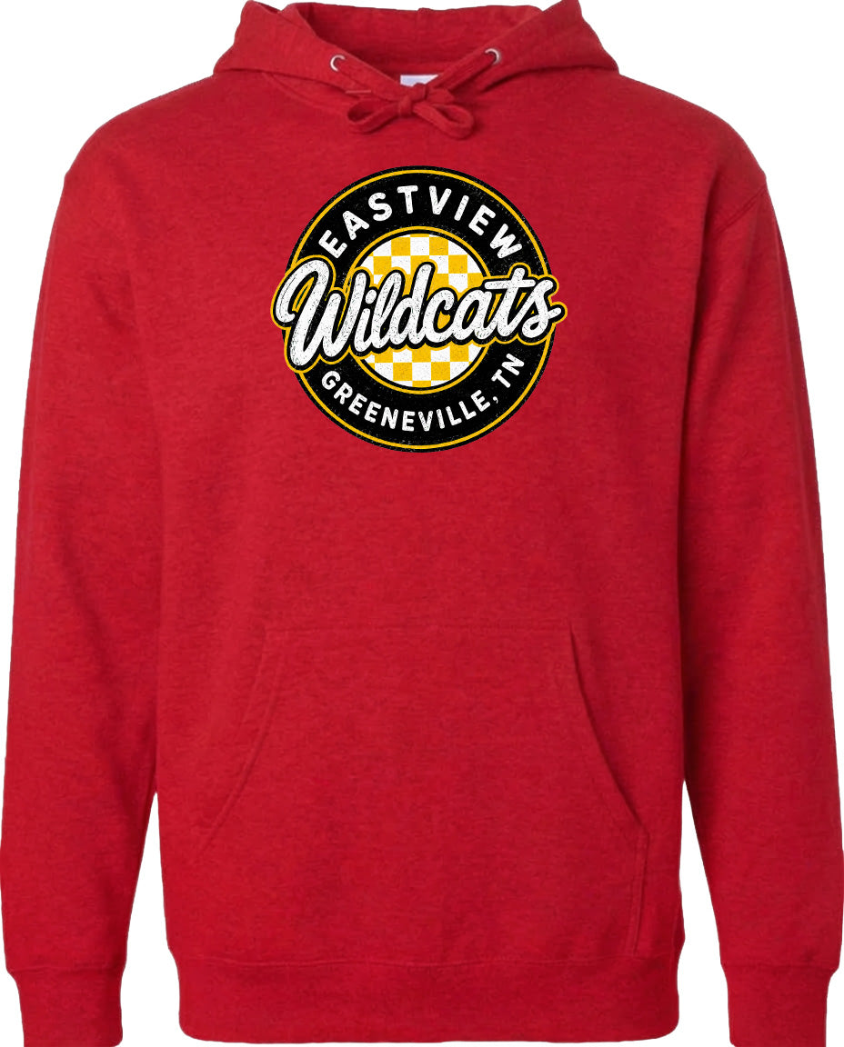 A red hoodie with a logo that says "Eastview Wildcats Greeneville, TN".