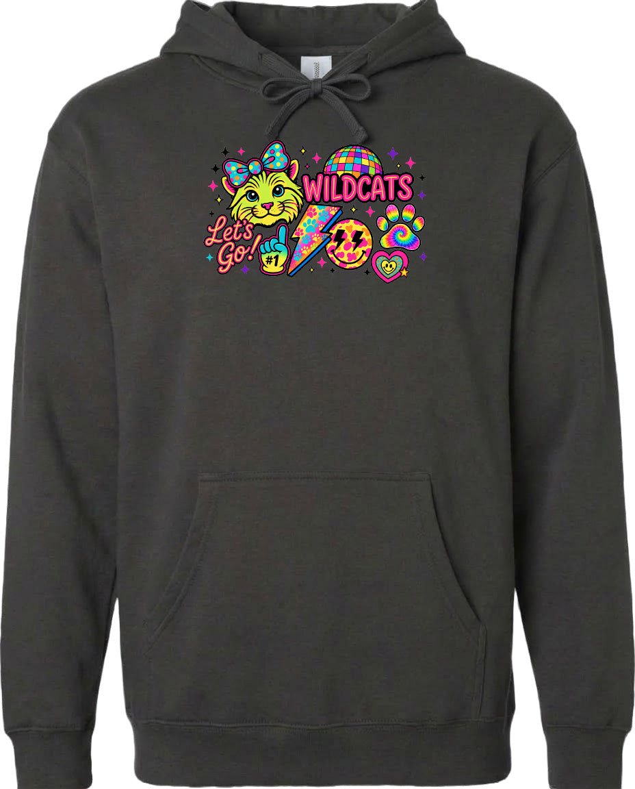 A hoodie with a graphic design featuring a cat, a rainbow, and various colorful elements.