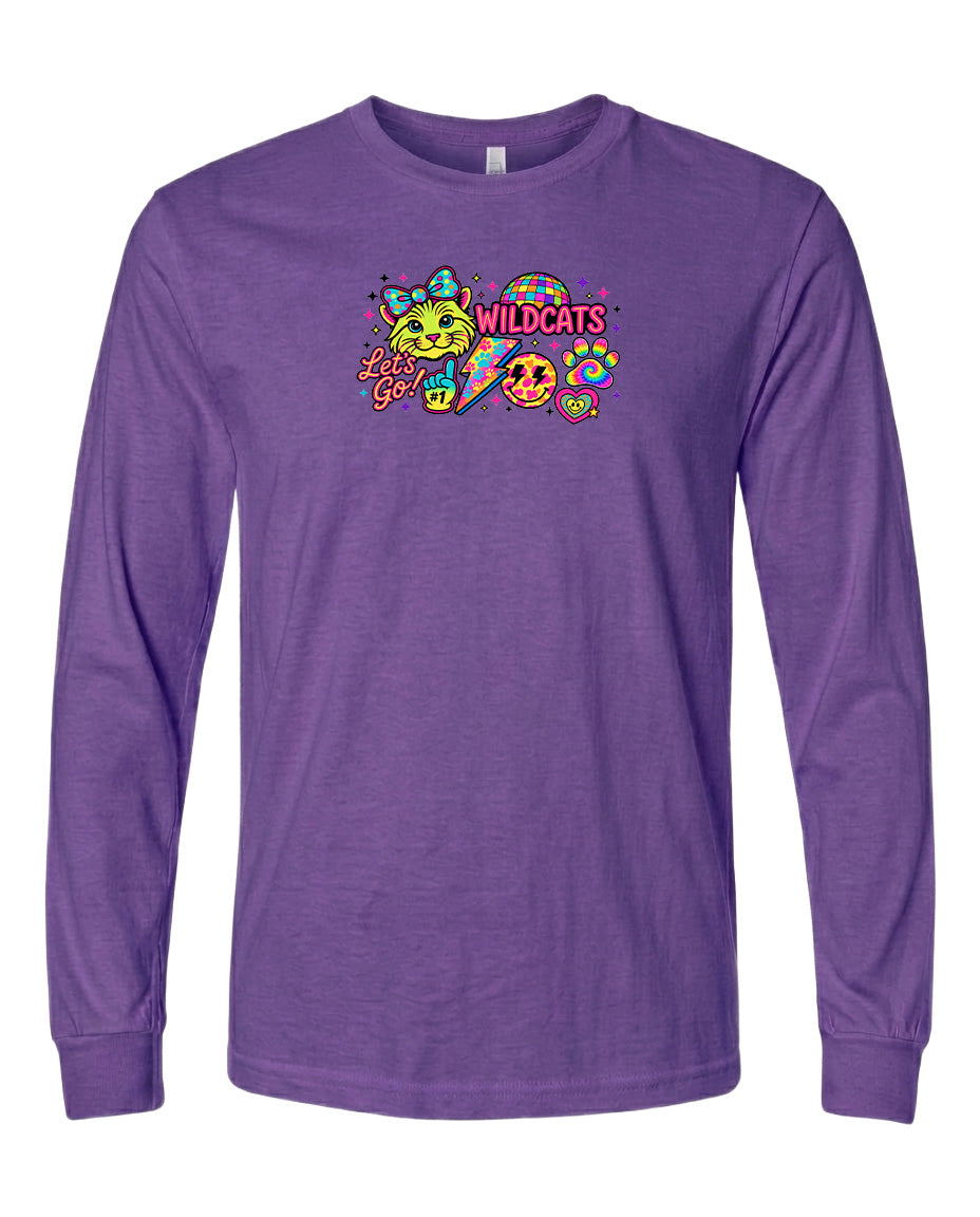 A purple long-sleeved t-shirt with a colorful graphic design featuring cartoon-style characters and text.