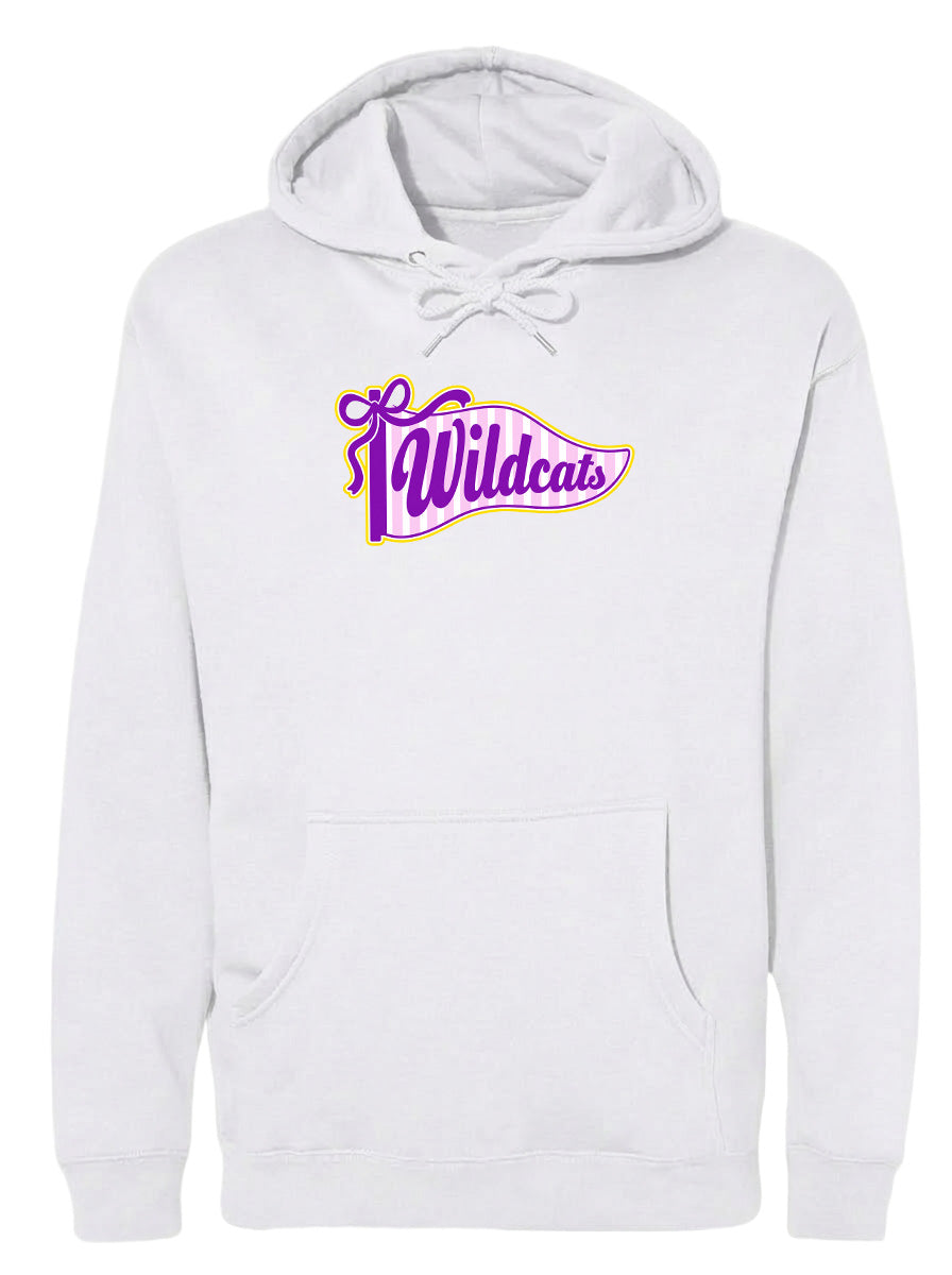 A white hoodie with a graphic design featuring the word "Wildcats" in purple and yellow colors.