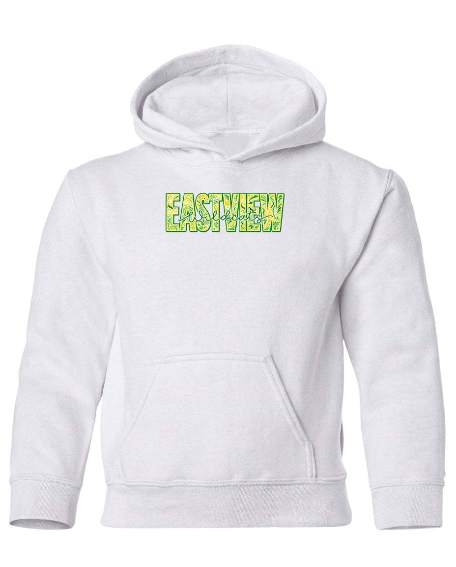 A white hoodie with a graphic design on the front.