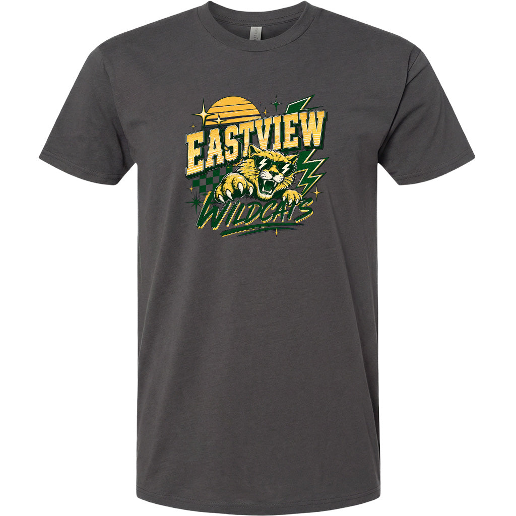 A gray t-shirt with a graphic design featuring a stylized tiger or wildcat in yellow and green colors, along with the text "EASTVIEW WILD CAT" printed on it.