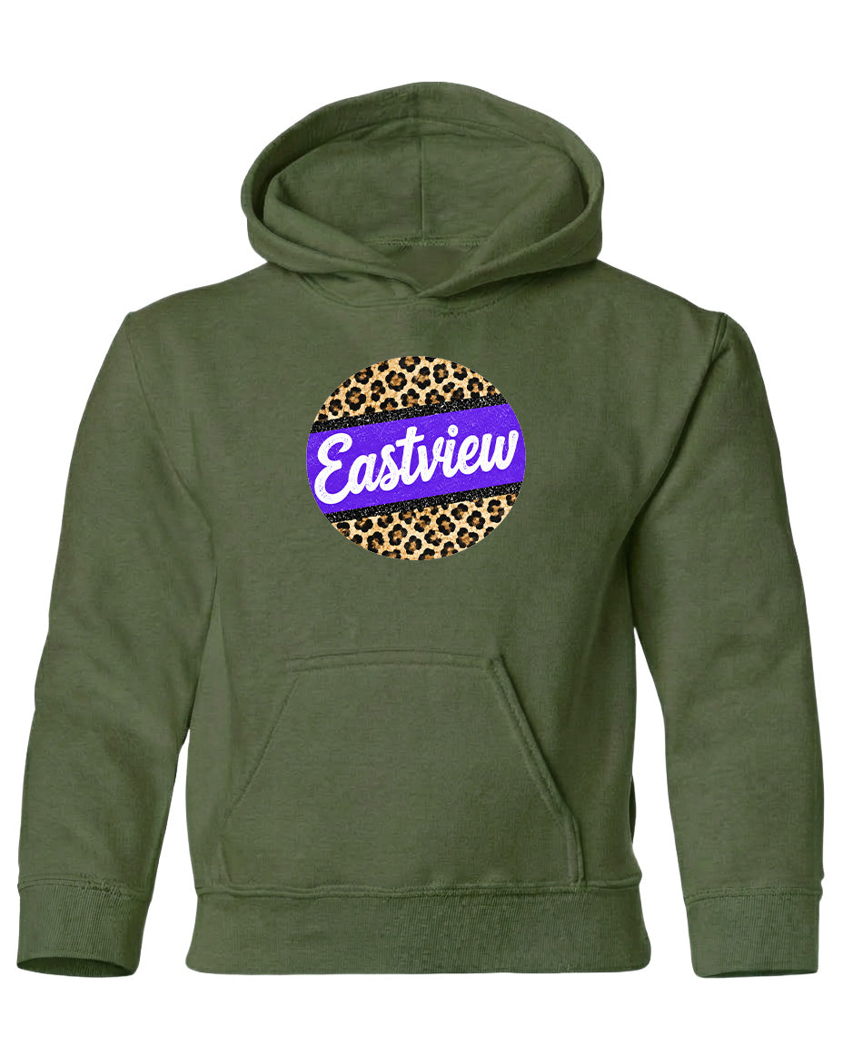A green hoodie with a leopard print design and the word "Eastview" printed on it.