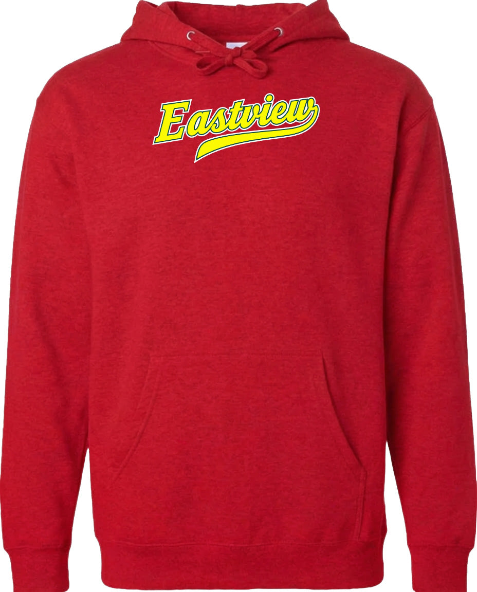 A red hoodie with the word "Eastview" printed on it in yellow text.