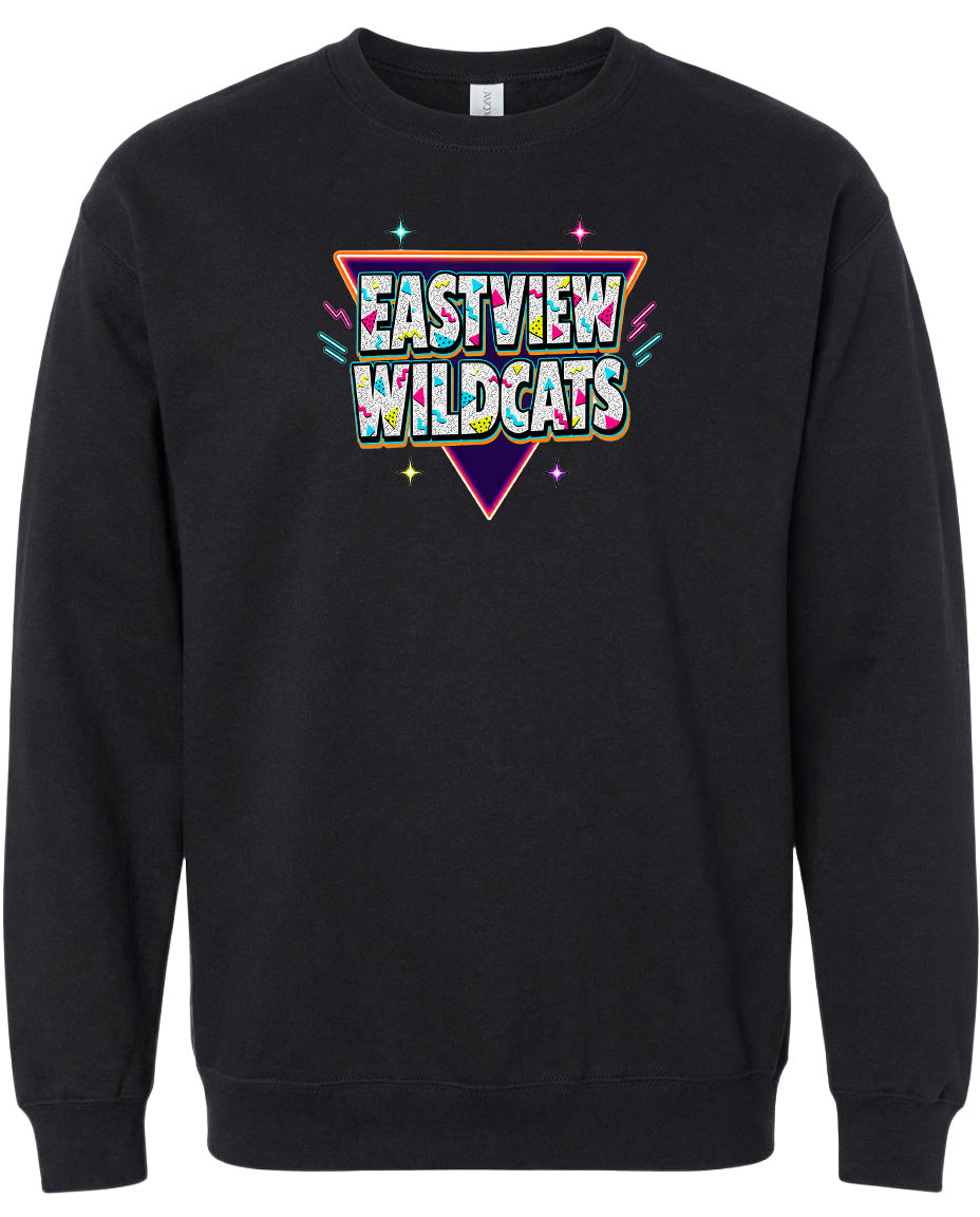 A black sweatshirt with a colorful graphic design on the front.