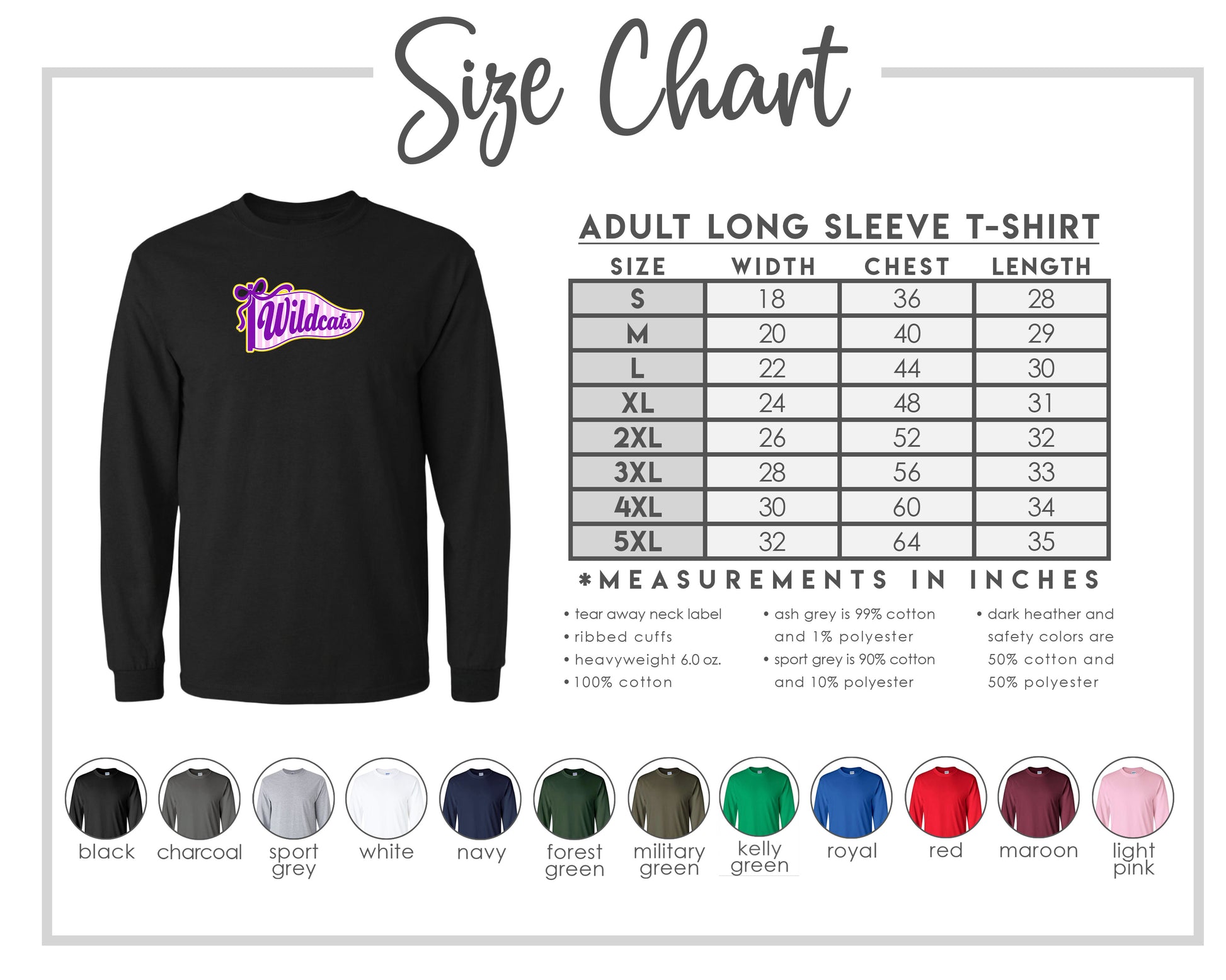 The image is a size chart for an adult long sleeve t-shirt, providing measurements and corresponding shirt colors.
