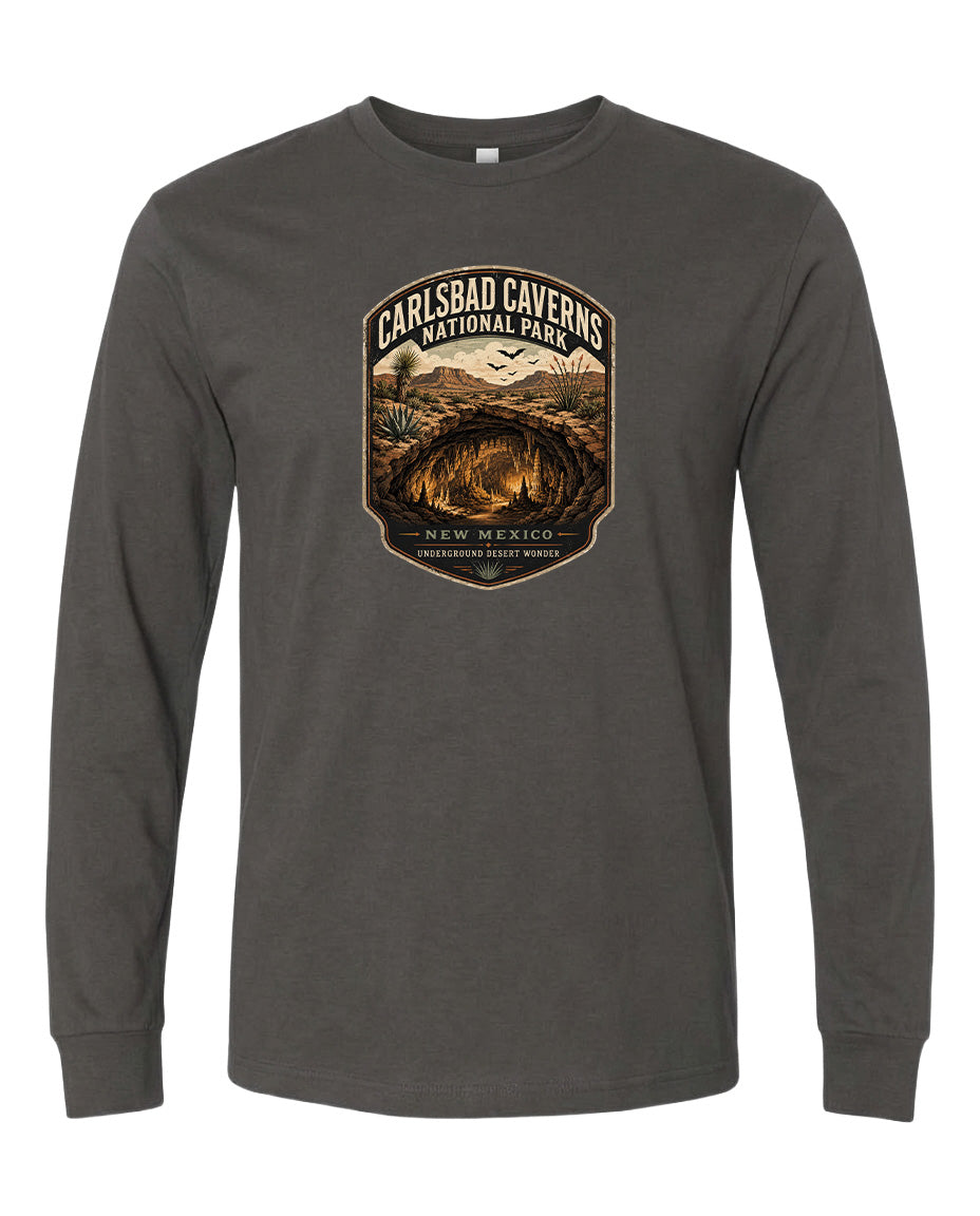 A gray long-sleeved t-shirt with a graphic design depicting the Carlsbad Caverns National Park in New Mexico.