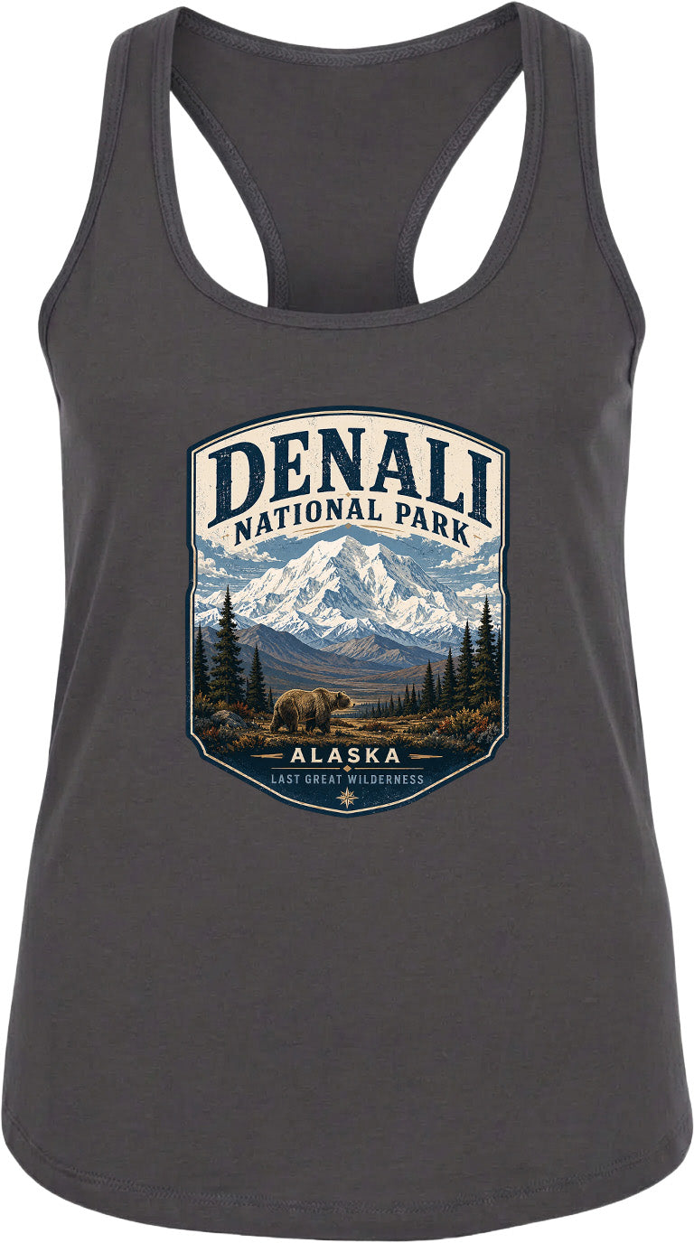 A gray tank top with a graphic design featuring a mountain landscape and the text "DENALI NATIONAL PARK ALASKA LAST GREAT WILDERNESS".