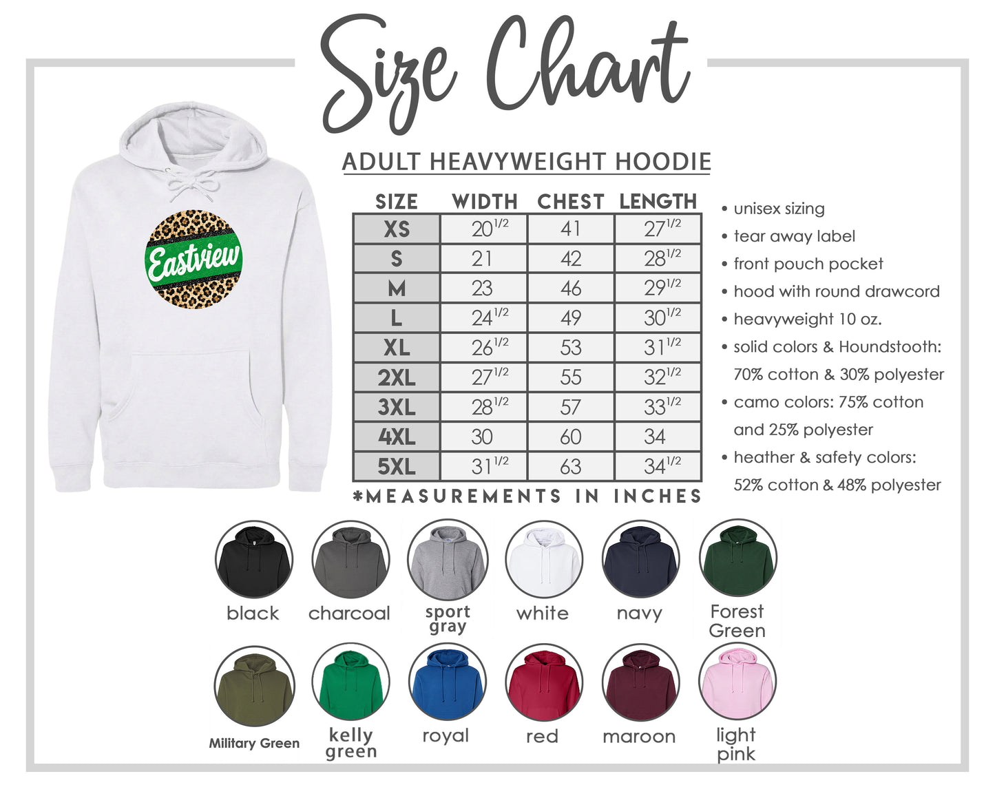The image is a size chart for an adult heavyweight hoodie, including various color options and measurements in inches.