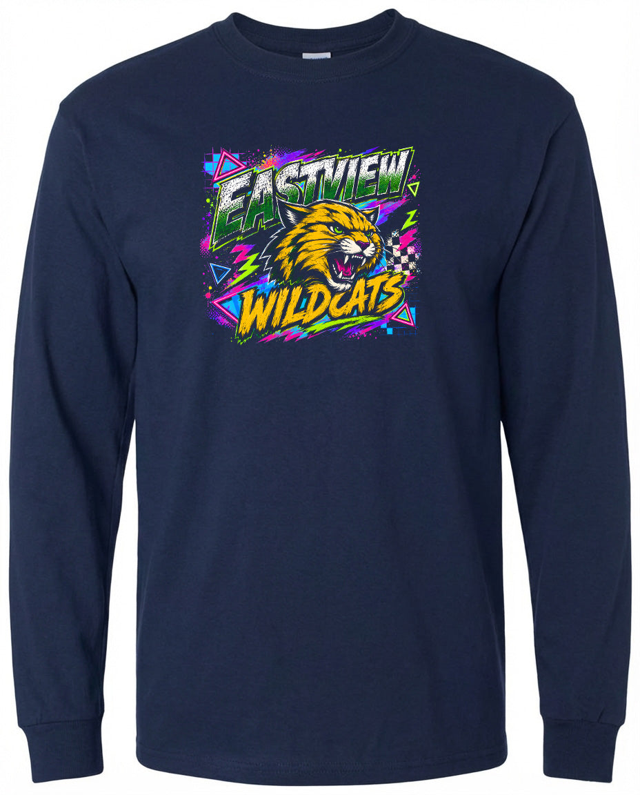 A navy blue long-sleeved t-shirt with a graphic design featuring a yellow and orange cat with a fierce expression, surrounded by colorful geometric shapes and text.