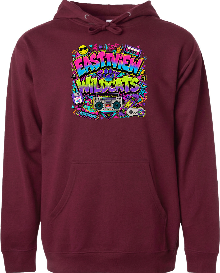 A burgundy hoodie with a colorful graphic design featuring a boombox, sunglasses, and various other retro-style elements.