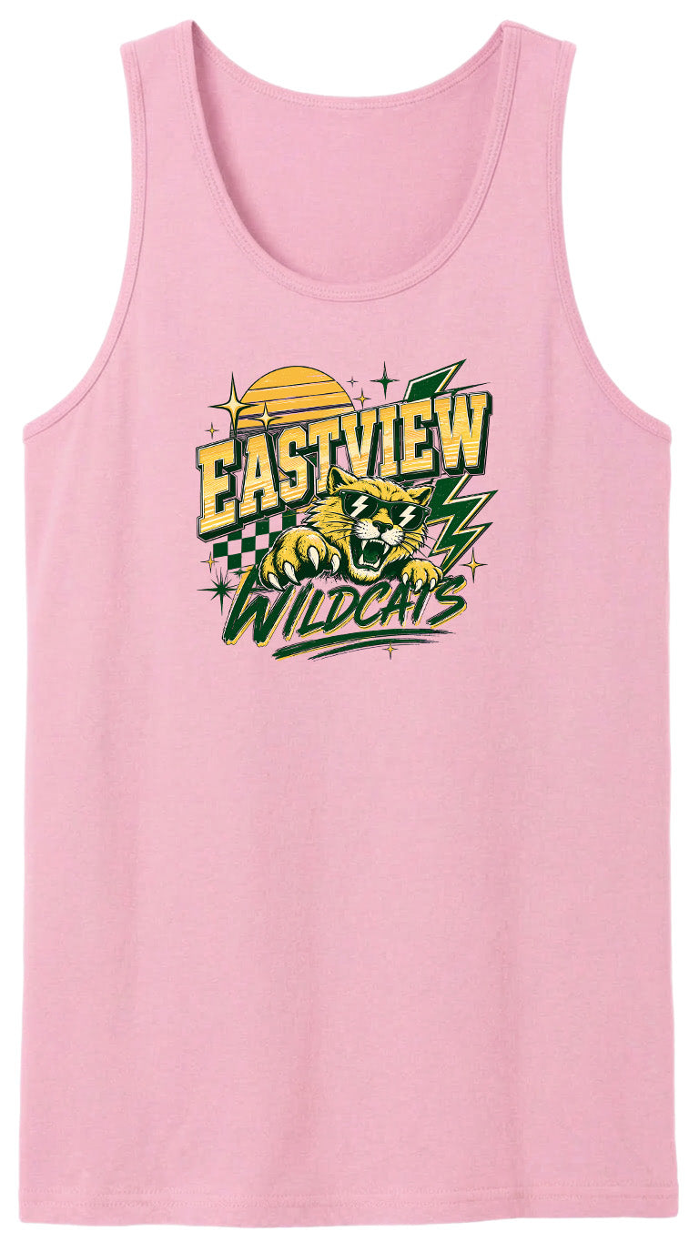 A pink tank top with a graphic design featuring a cat and the text "EASTVIEW WILDCATS" printed on it.