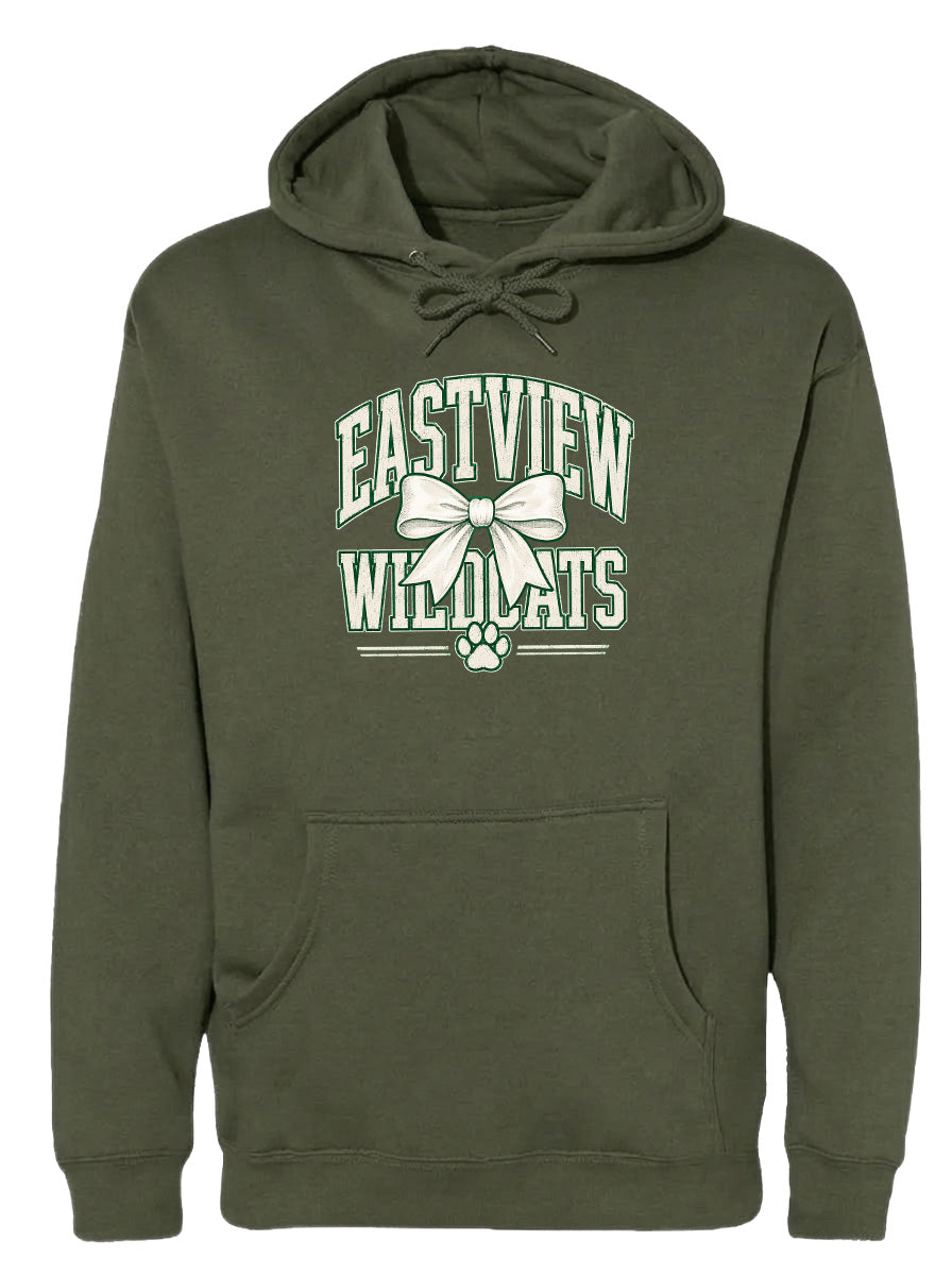 A dark green hoodie with a white graphic design on the front.