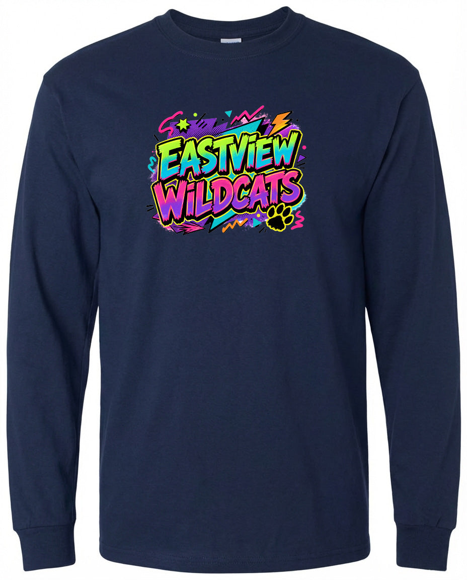 A navy blue long-sleeved shirt with a colorful graphic design featuring the text "EASTVIEW WILDCATS" in a vibrant, graffiti-style font.