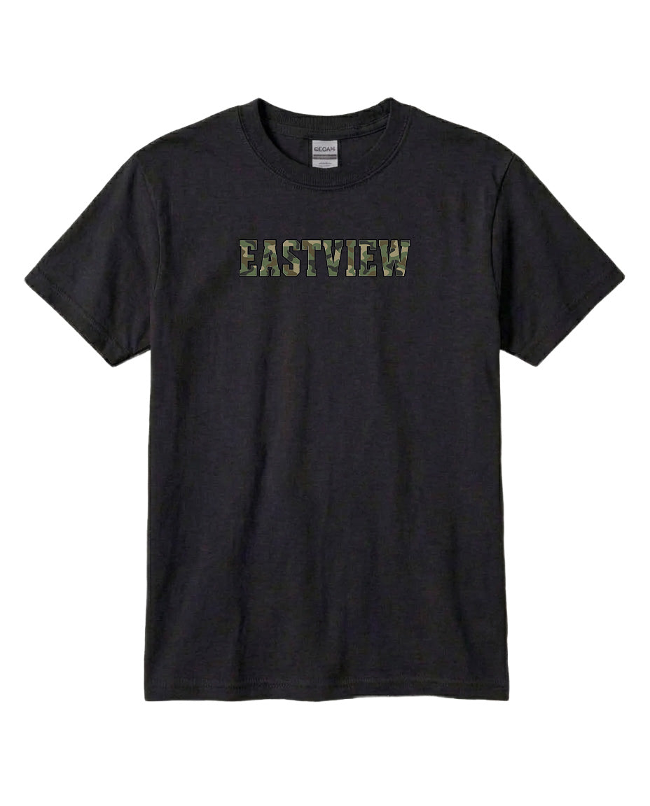 A black t-shirt with the word "EASTVIEW" printed on it in a camouflage pattern.