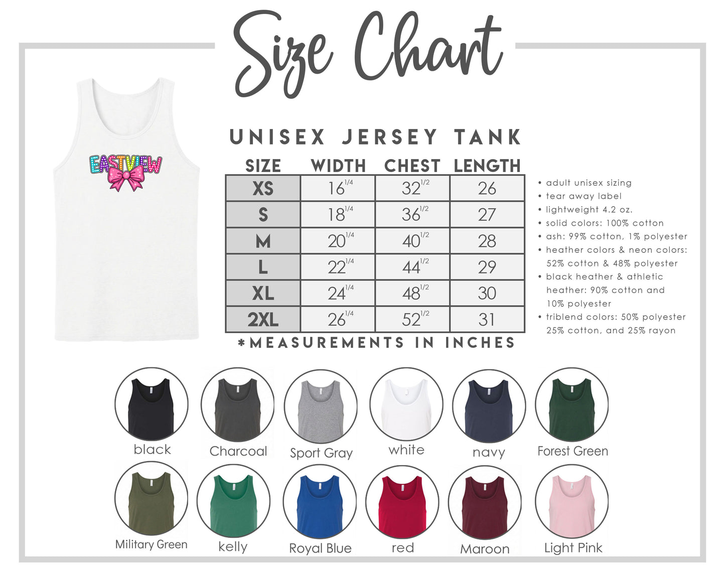 The image is a size chart for a unisex jersey tank, providing measurements for chest length, waist, and hip width. It includes a variety of tank colors and styles, such as black, charcoal, sport gray, navy, forest green, white, and pink.