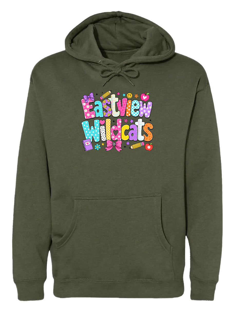A green hoodie with a colorful graphic design featuring the text "Eastview Wildcats" and various decorative elements.
