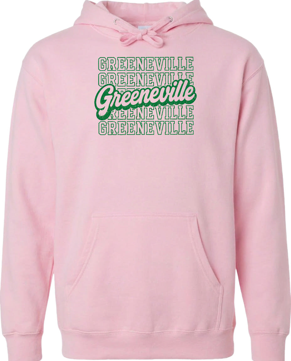 A pink hoodie with the text "Greeneville" printed in green and white on the front.