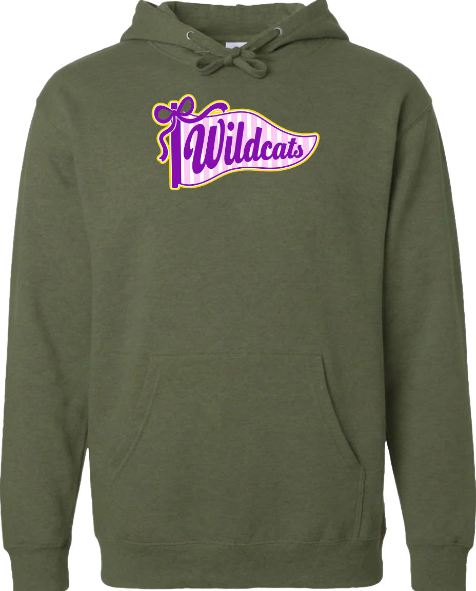 A green hoodie with a purple and yellow banner that says "Wildcats" on it.