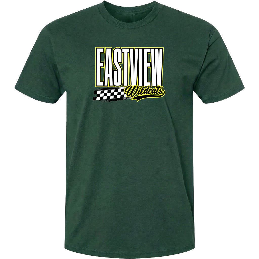 A green t-shirt with a graphic design featuring the text "EASTVIEW Wildcats" in a stylized font.