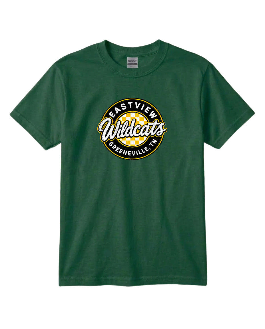 A green t-shirt with a circular logo that says "Eastview Wildcats Greeneville, TN".