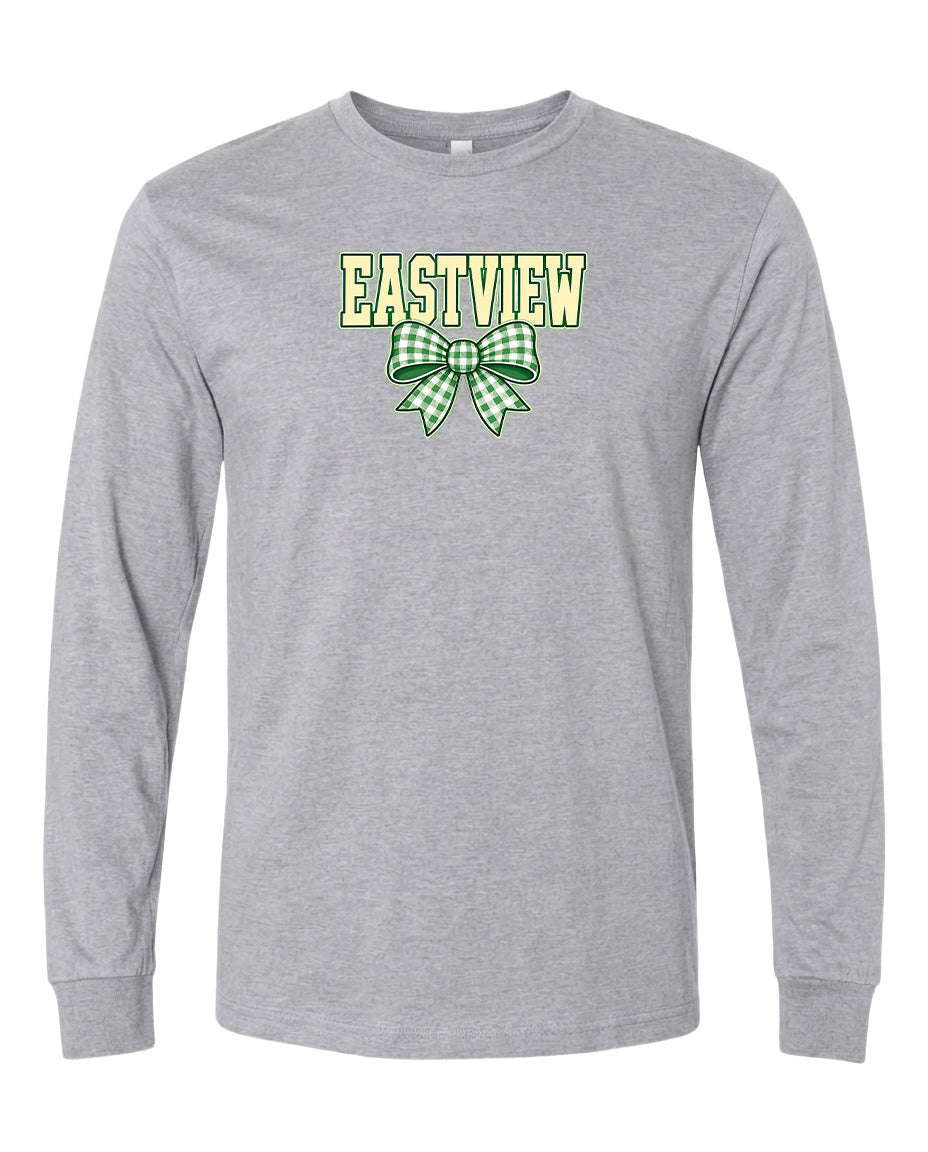 A gray long-sleeved t-shirt with a green and white checkered bow and the word "EASTVIEW" printed on it.