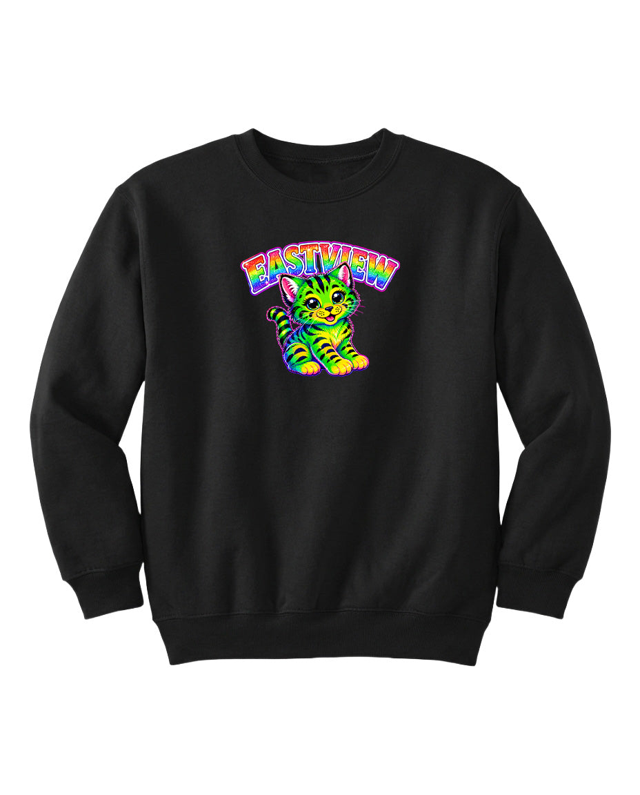 A black sweatshirt with a colorful graphic of a cat and the word "EASTVIEW" printed on it.