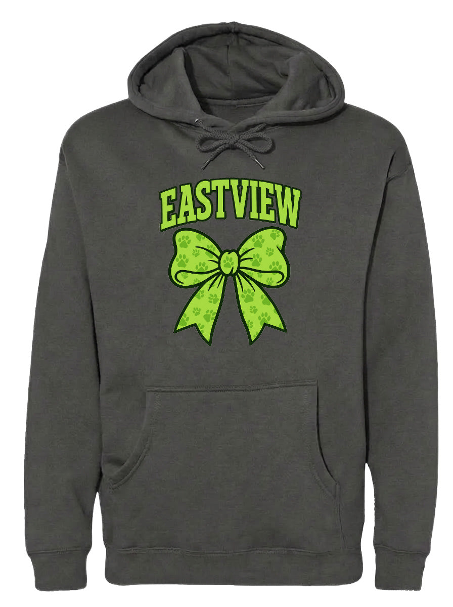 A gray hoodie with a green bow and the word "EASTVIEW" printed on it.
