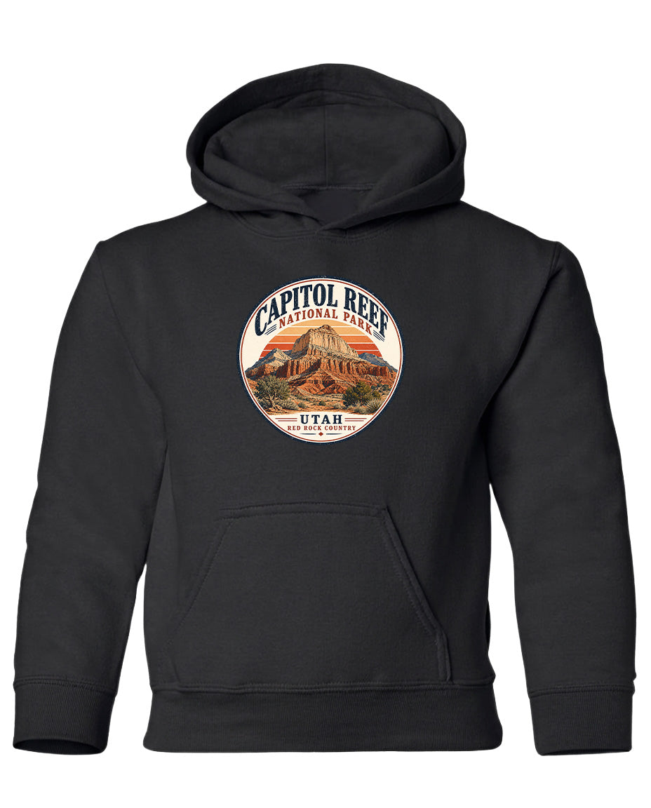 A black hoodie with a circular design featuring the Capitol Reef National Park logo and the text "UTAH" printed on it.