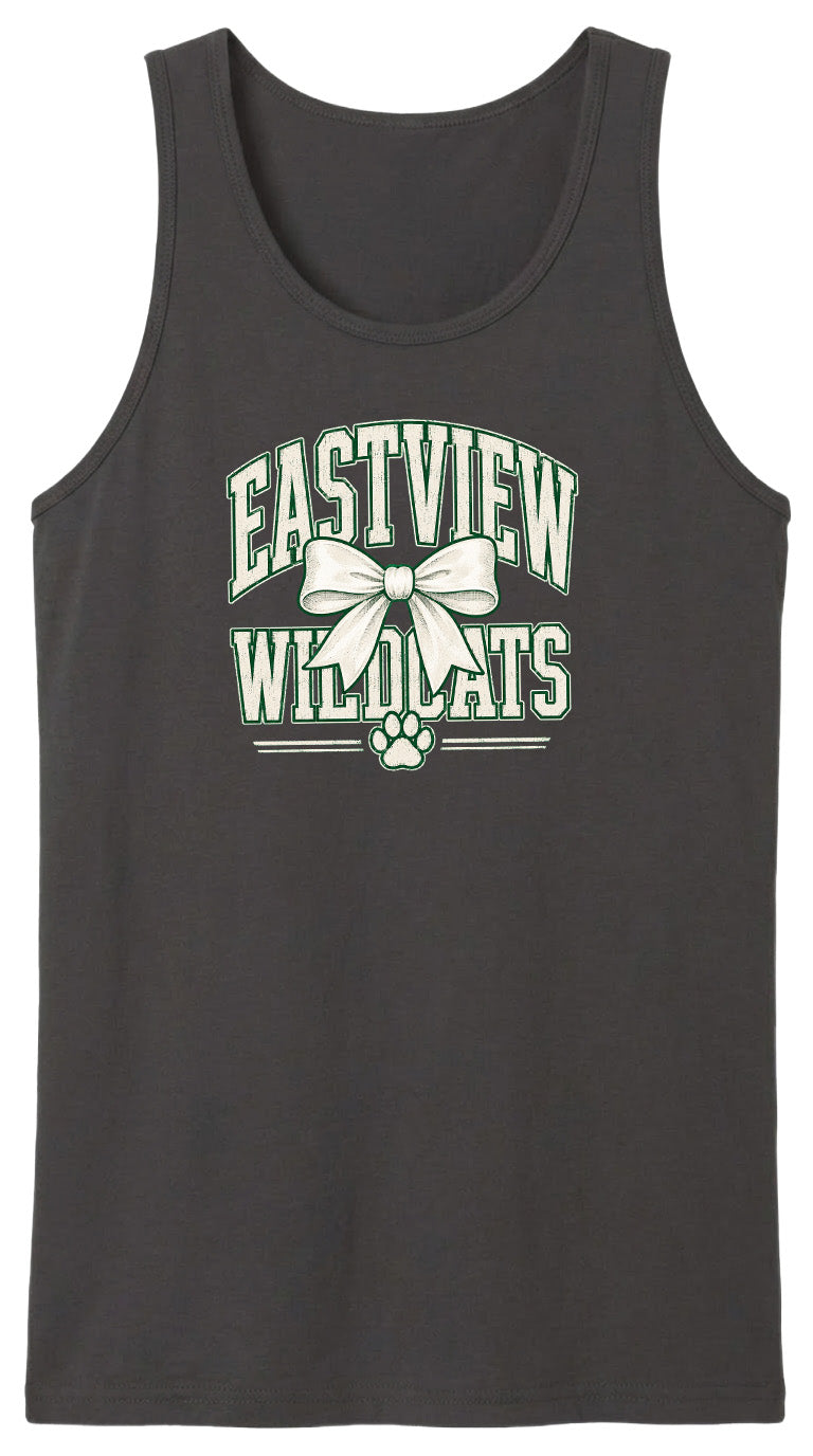 A black tank top with a white graphic design featuring the text "EASTVIEW WILDCATS" and a white paw print.