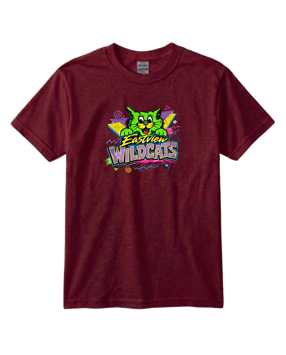 A burgundy-colored t-shirt with a colorful graphic design featuring a cartoon-like cat and the text "Easton Wildcats".