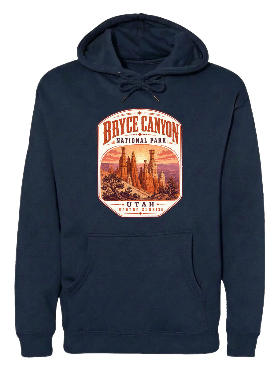 A navy blue hoodie with a graphic design depicting Bryce Canyon National Park and Utah.