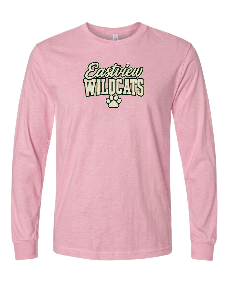 A pink long-sleeved t-shirt with the text "Eastview Wildcats" printed on it.
