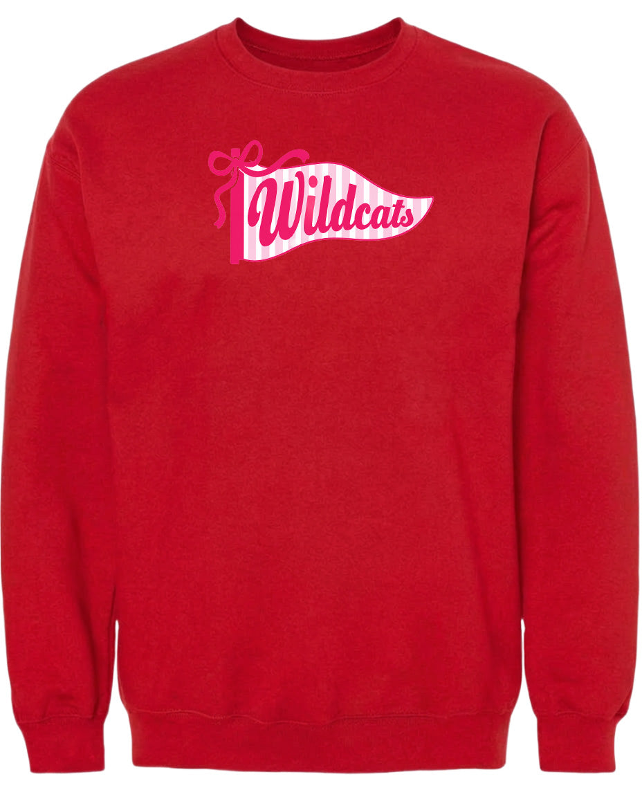 A red sweatshirt with a pink and white banner that says "Wildcats" on it.