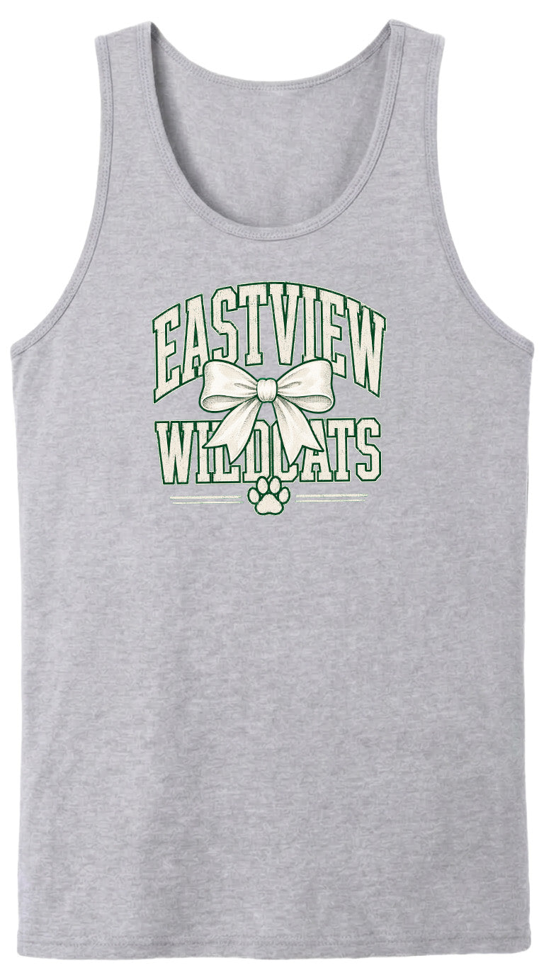A gray tank top with a graphic design featuring the text "EASTVIEW WILDCATS" and a bow.