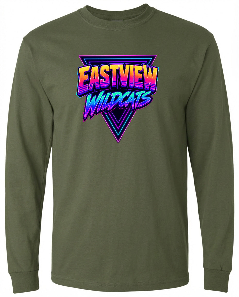 A long-sleeved olive green t-shirt with a graphic design featuring the text "EASTVIEW WILDCATS" in a colorful, retro-style font.