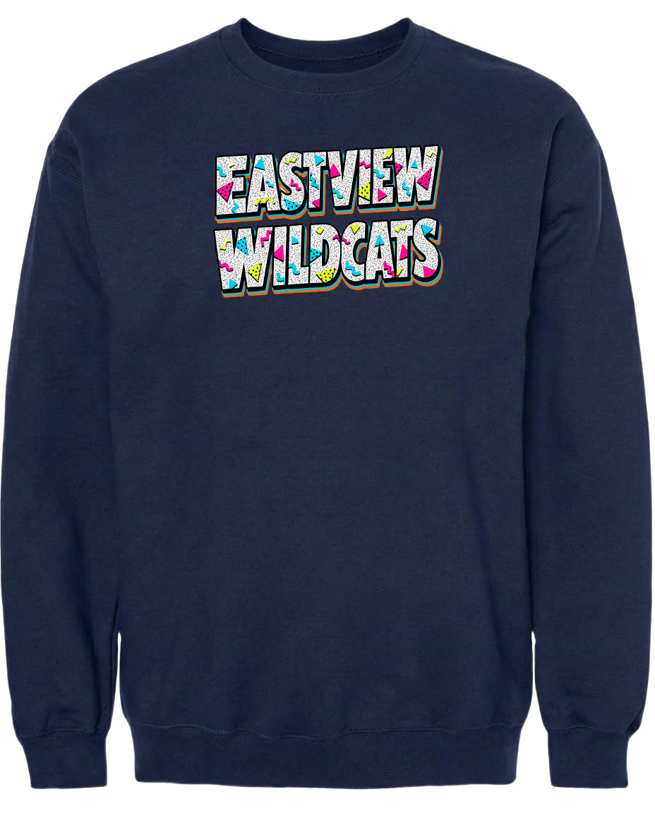 A navy blue sweatshirt with the text "EASTVIEW WILDCATS" printed on it in a colorful, stylized font.