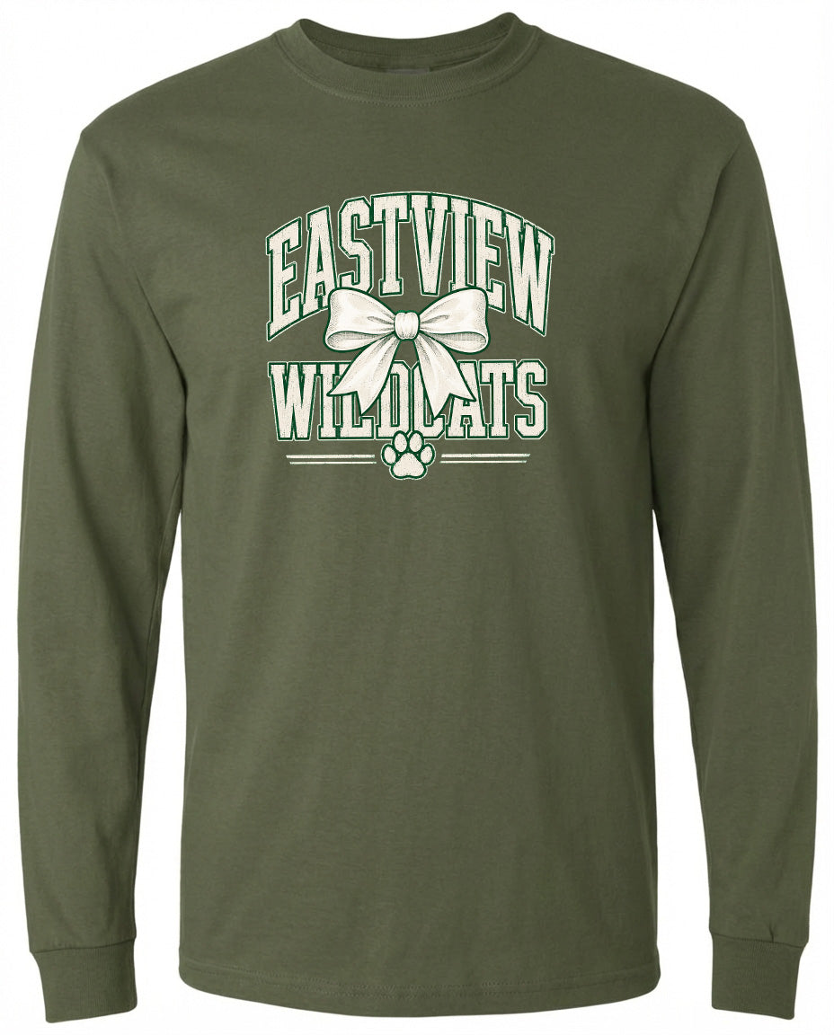 A long-sleeved olive green t-shirt with a graphic design featuring the text "EASTVIEW WILDCATS" and a white bow.