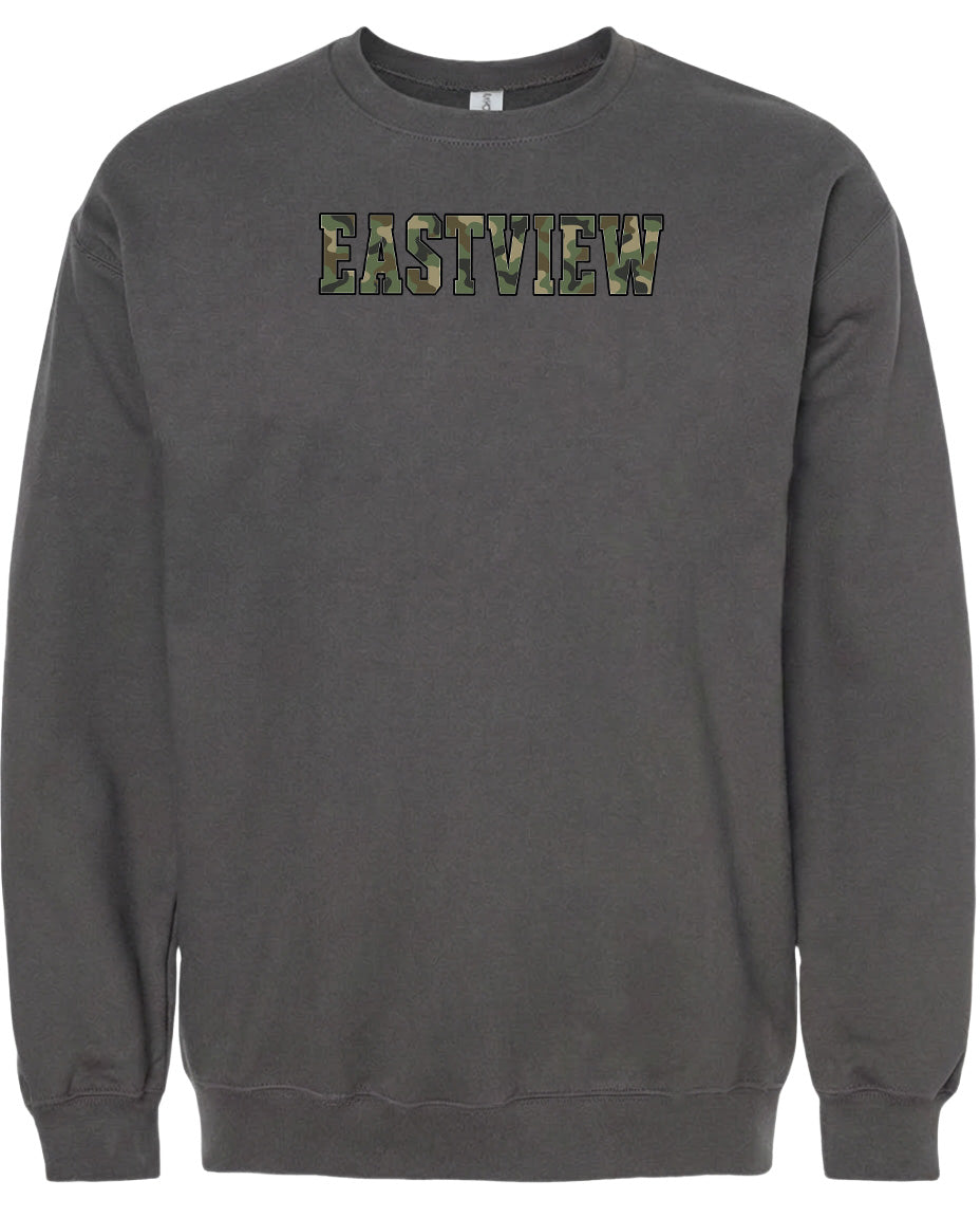 A gray sweatshirt with the word "EASTVIEW" printed on it in a camouflage pattern.