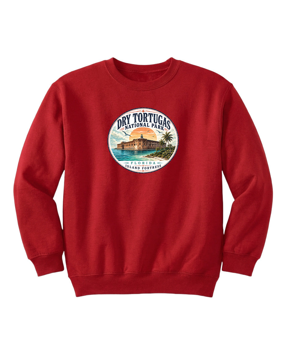 A red sweatshirt with a circular logo that says "Dry Tortugas National Park, Florida, USA".