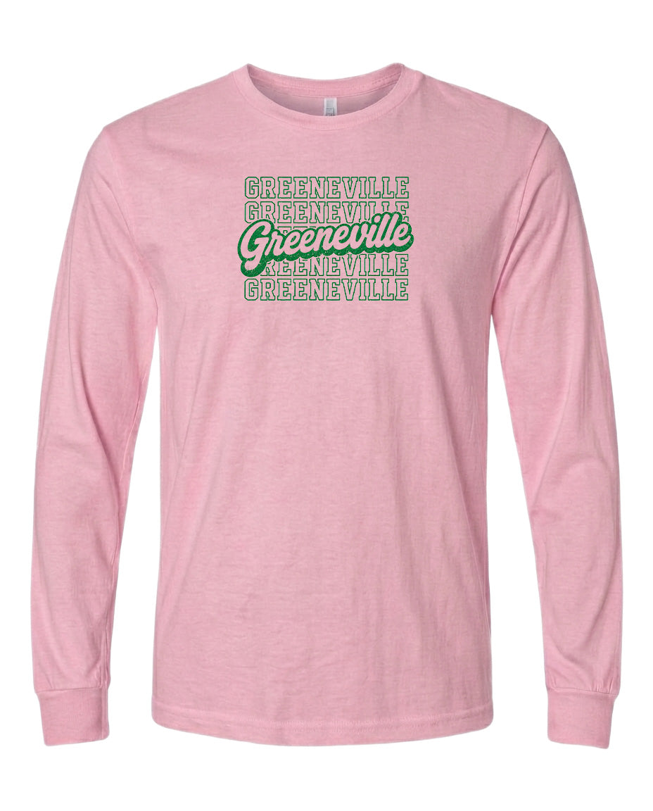 A pink long-sleeved t-shirt with the text "Greeneville" printed on it in a stylized font.