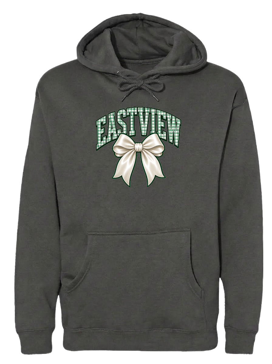 A gray hoodie with a green bow and the word "EASTVIEW" printed on it.