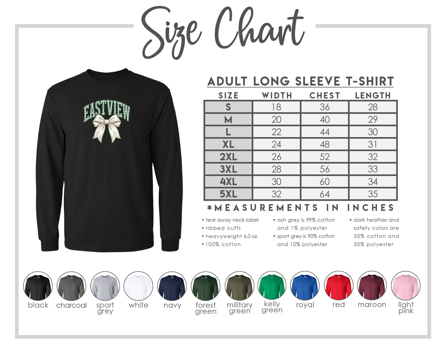 The image is a size chart for an adult long sleeve t-shirt, displaying the measurements and corresponding colors for different sizes.