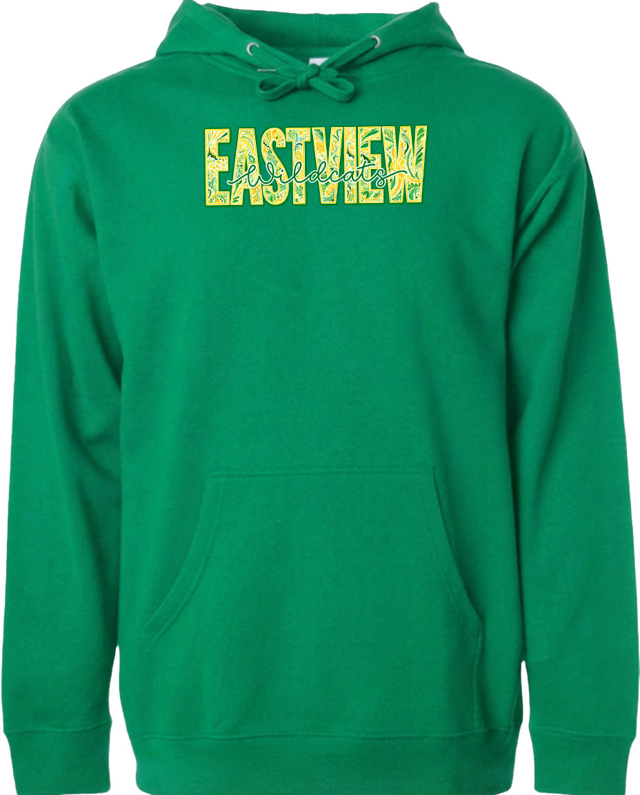 A bright green hoodie with the word "EASTVIEW" printed on it in yellow letters.