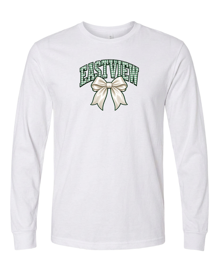 A white long-sleeved t-shirt with a graphic design on the front.