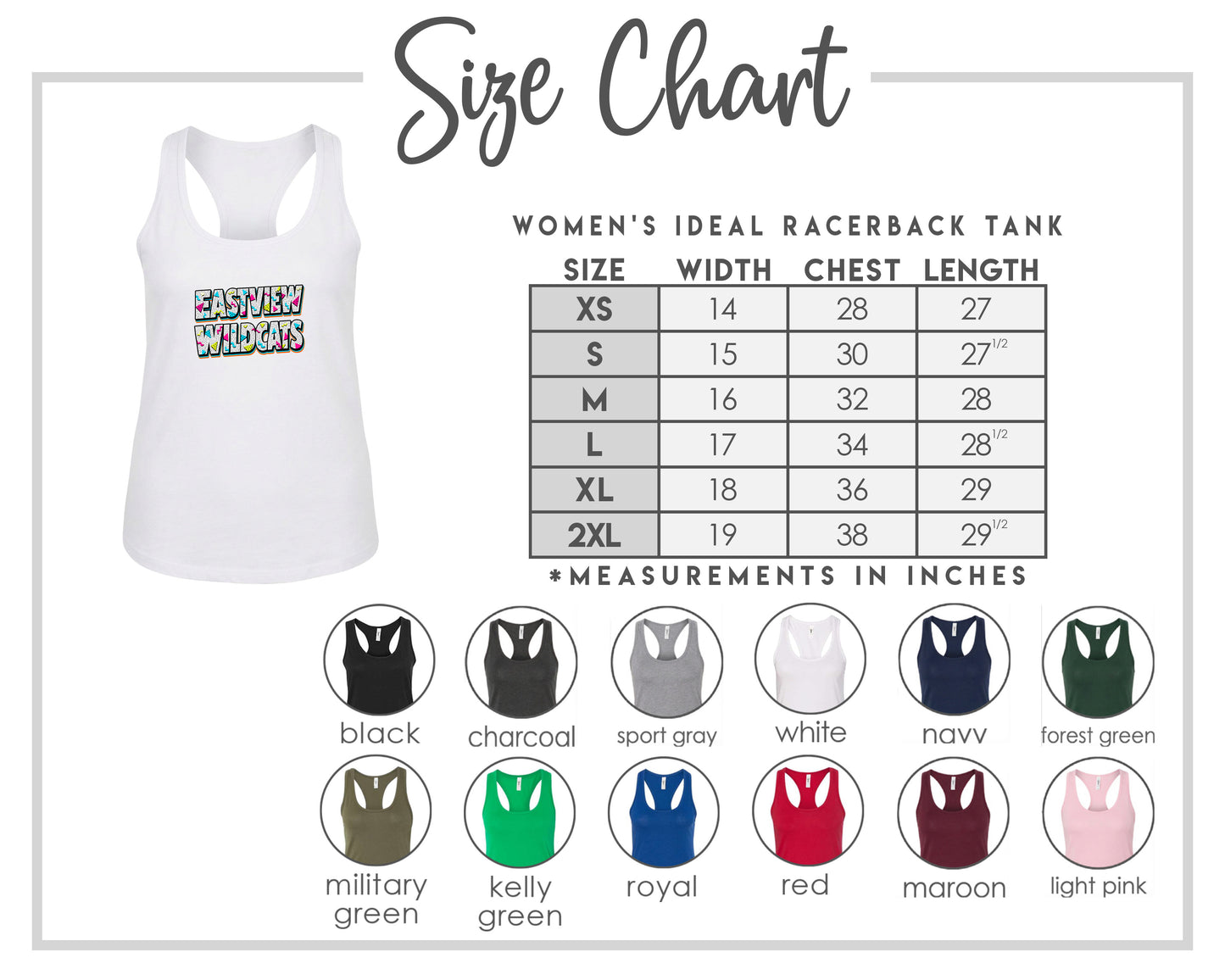 The image is a size chart for a women's ideal racerback tank, including various color options and corresponding chest length measurements.