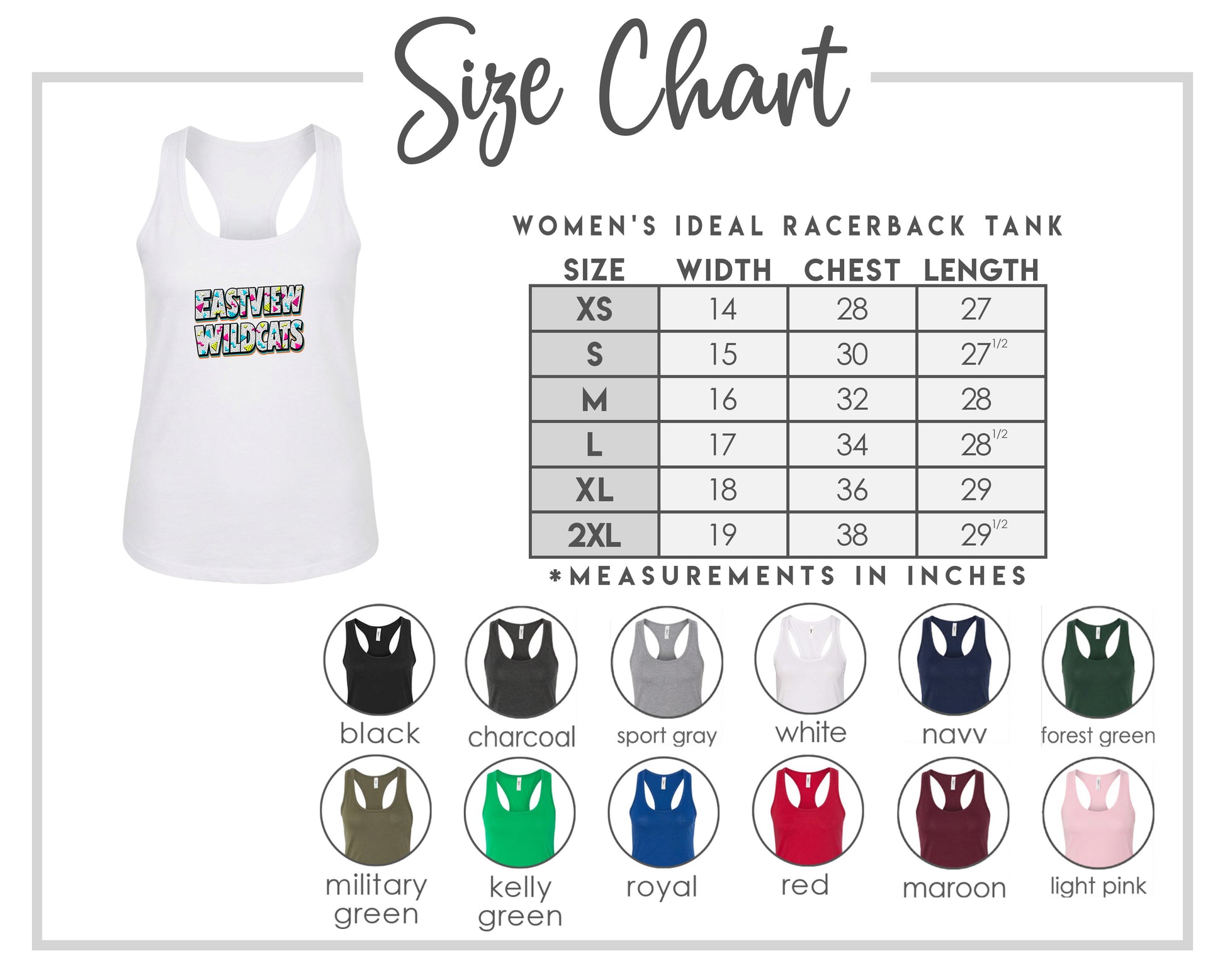 The image is a size chart for a women's ideal racerback tank, including various color options and corresponding chest length measurements.