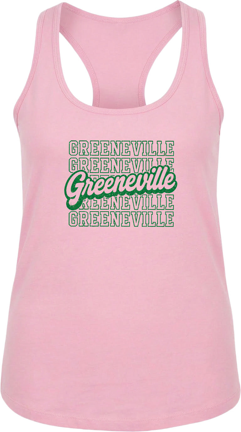 A pink tank top with the text "GREENVILLE" printed in green and white on it.