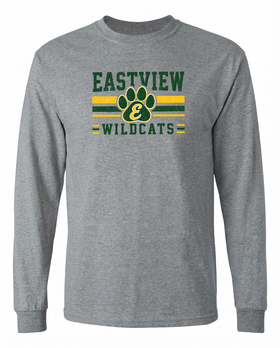 A gray long-sleeved t-shirt with a graphic design featuring the text "EASTVIEW WILDCATS" and a paw print logo.