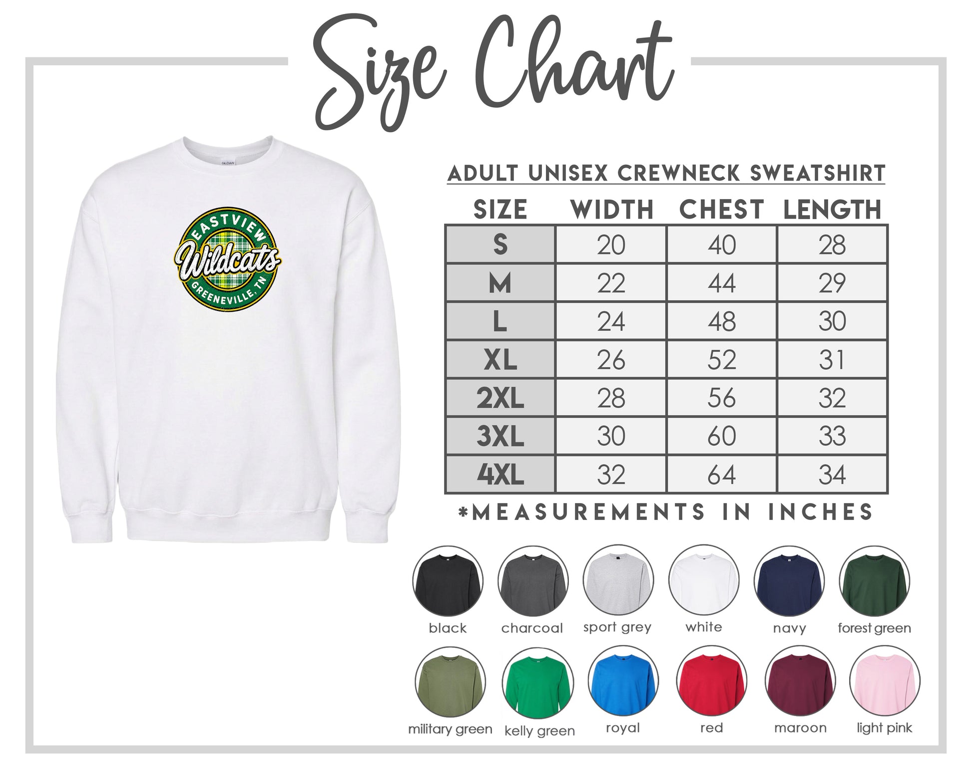The image is a size chart for an adult unisex crewneck sweatshirt. It includes a white sweatshirt with a green and gold logo, along with a table of size measurements and a variety of color options.
